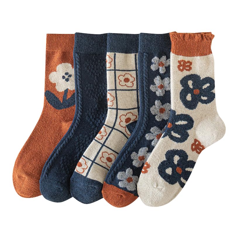 Wool Socks for Women Thick Knit Vintage Floral Crew Socks - 5 Pairs Blue Flowers (5-9)