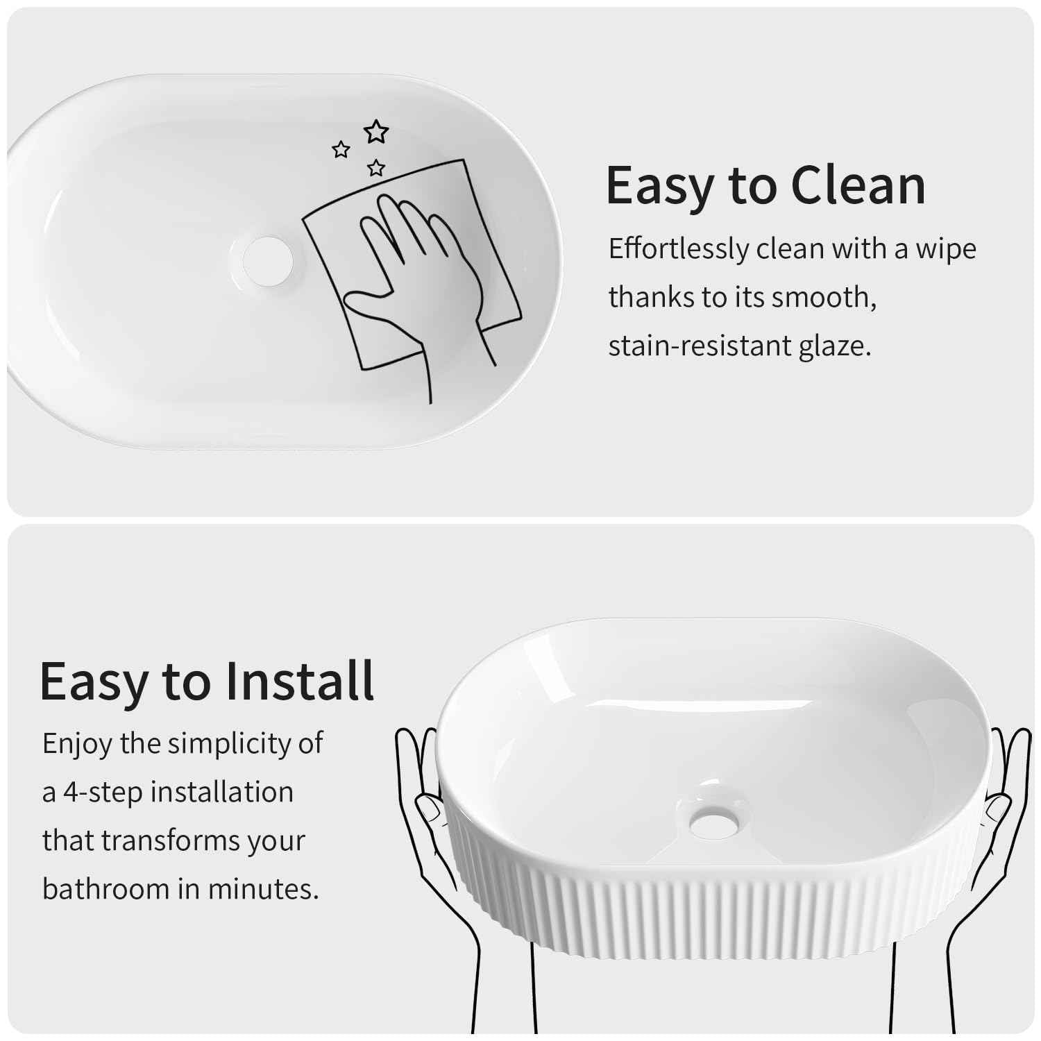 Oval Bathroom Sink Above Counter, OCEALAGOON 19″ x 12″ White Porcelain Vessel Sink, Modern Vanity Bowl Sink, Art Ceramic Wash Basin