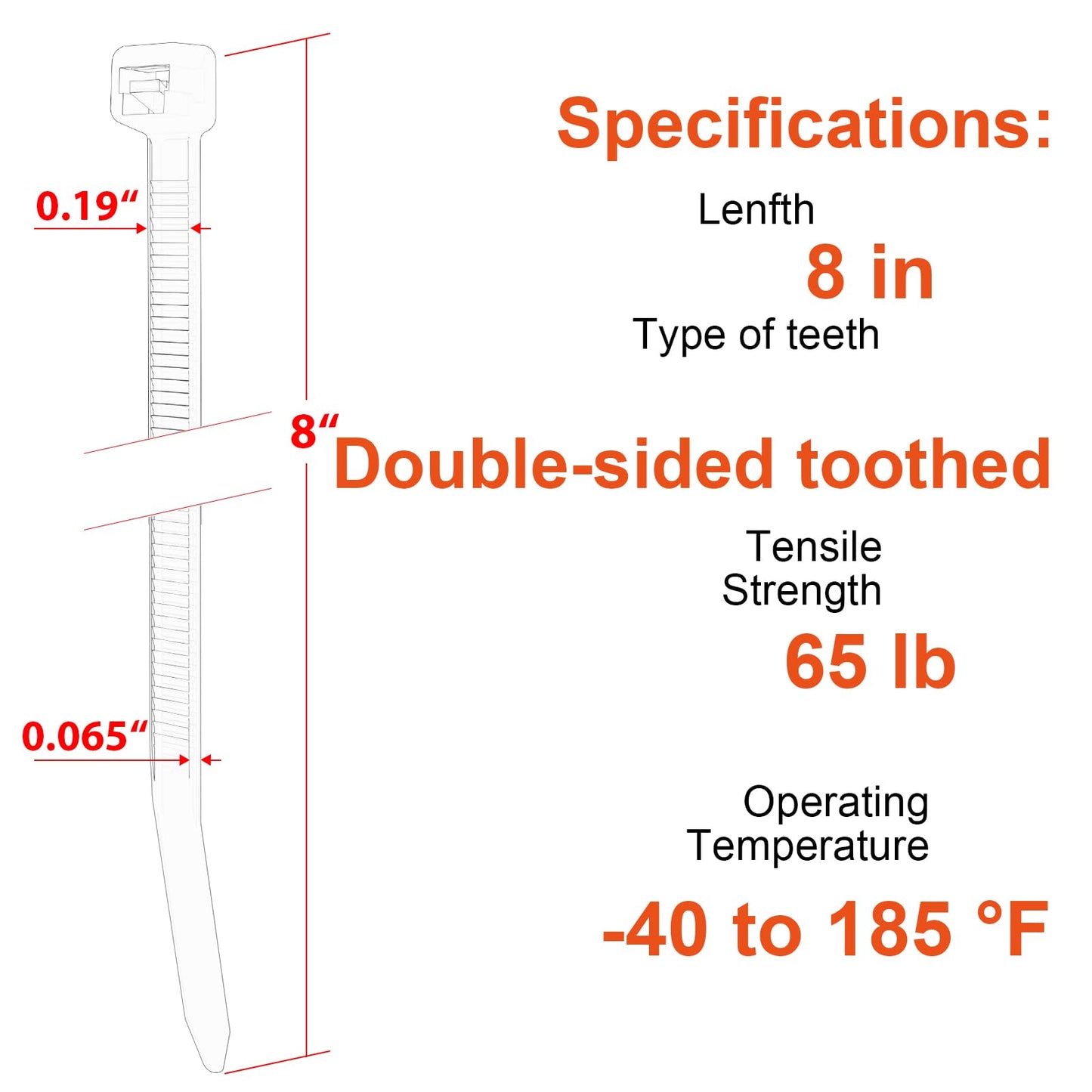 8 Inch Zip Ties Double Sided Toothed (Bulk 1000 Pack Black),65lbs Tensile Strength Heavy Duty Cable Wire Ties with Self-Locking Adjustable Nylon Tie Wraps for Indoor Outdoor (Patented Design)