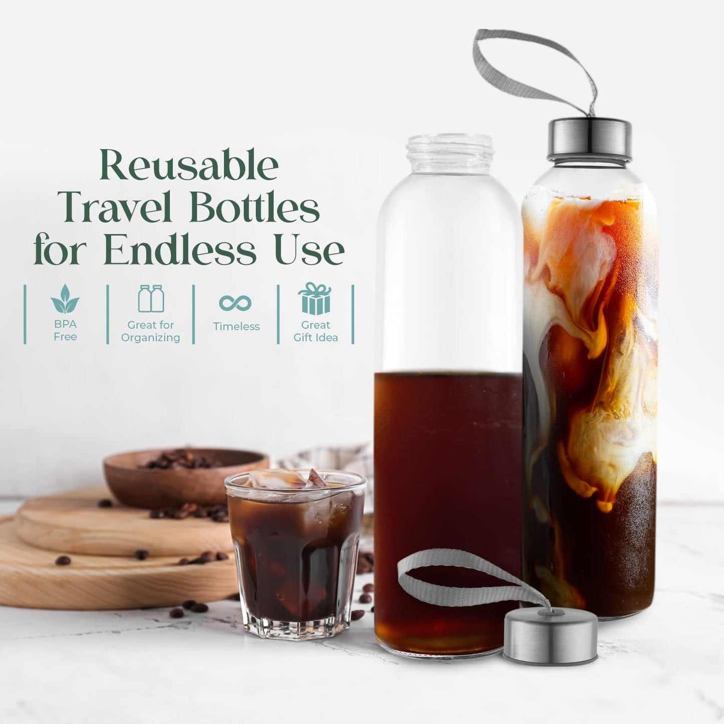 Kitchen Lux 16 Ounce Glass Water Bottles, Reusable Water Bottles with Airtight, Pack of 12, Stainless Steel Lids Carrying Strap And Nylon Water Bottle Protective Sleeves for Hot Or Cold Drinks