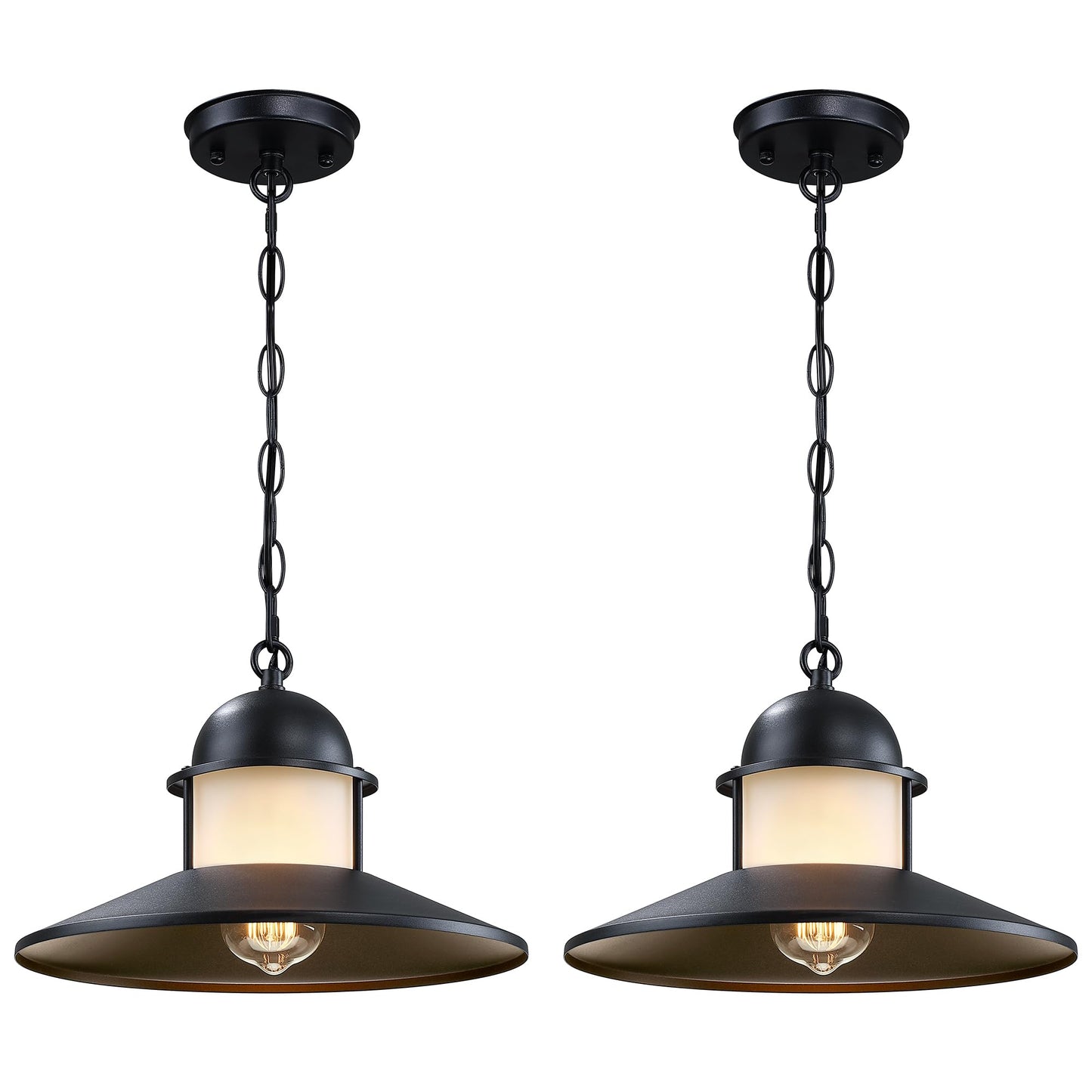 DOCIUEON Outdoor Pendant Light 2 Pack, Modern Outside Chandelier Outdoor Hanging Lantern Light in Matte Black with Frosted Glass, Exterior Pendant Lighting Fixture Ceiling Mount for Porch Patio Gazebo