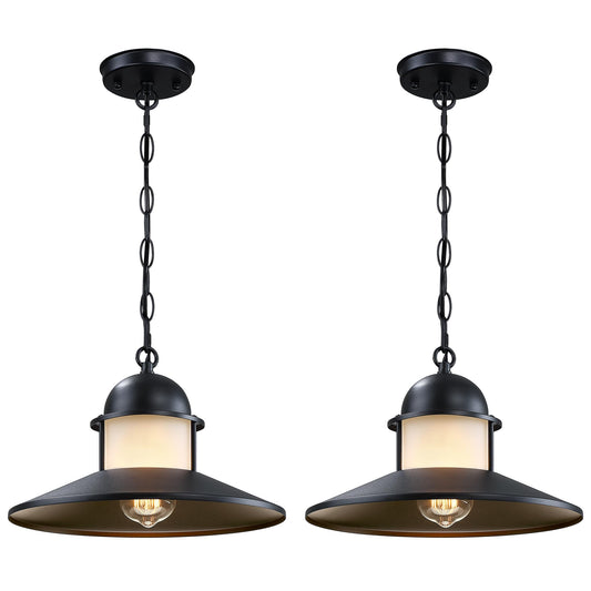 DOCIUEON Outdoor Pendant Light 2 Pack, Modern Outside Chandelier Outdoor Hanging Lantern Light in Matte Black with Frosted Glass, Exterior Pendant Lighting Fixture Ceiling Mount for Porch Patio Gazebo
