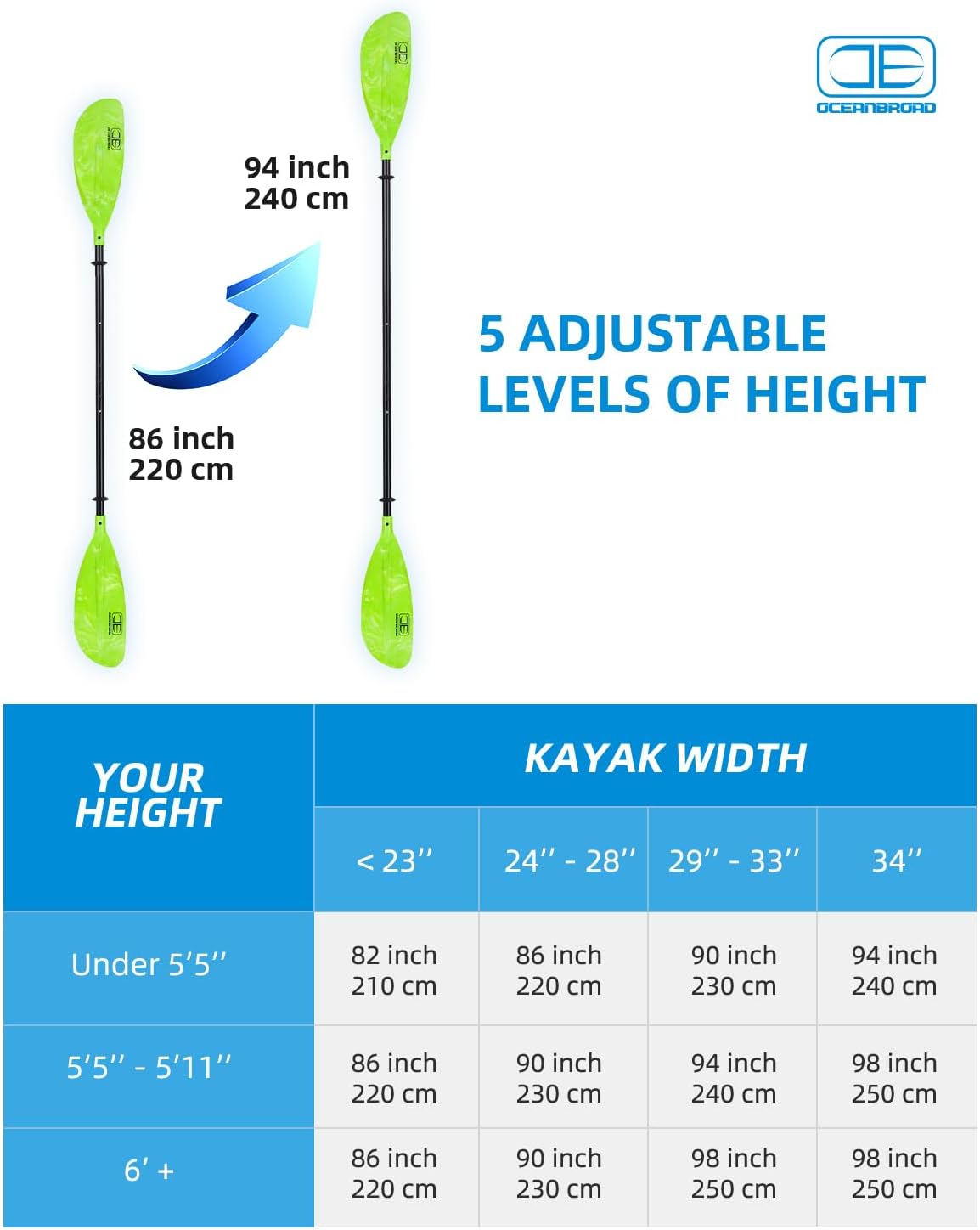OCEANBROAD Adjustable Kayak Paddle - 86in to 94in | Lightweight Boating Oar with Paddle Leash