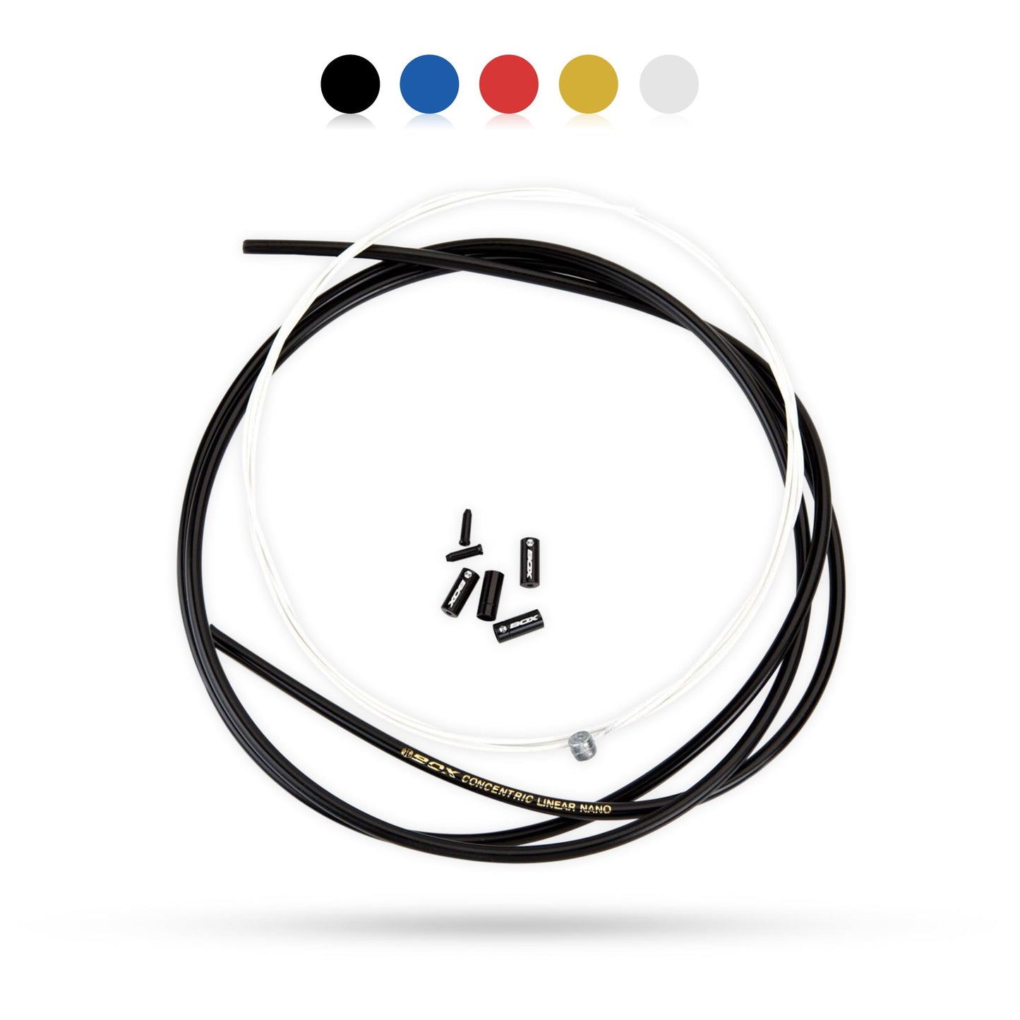 Box One Linear Bicycle Brake Cable Housing Kit with 1 Set Bike Brake Line, 1 Piece Bike Cable Housing with 2 End Caps & 4 Alloy Kollars Ferrule Compatible for All V Brakes | Gold