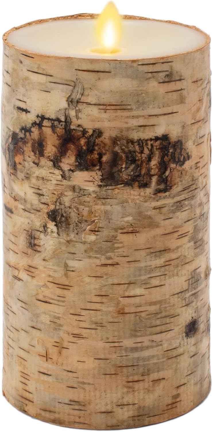 Realistic Moving Flame LED Pillar Candle with Birch Bark - Battery Operated, Remote Ready, 4x7