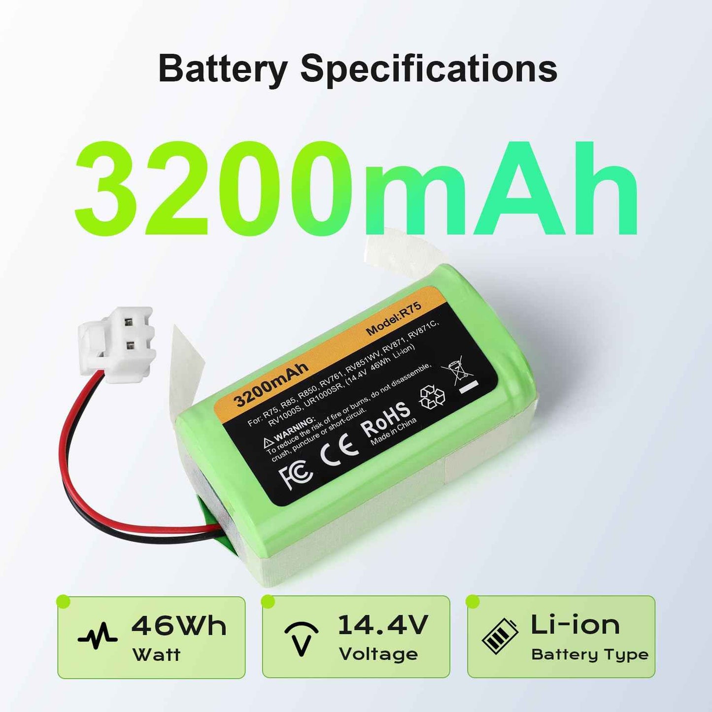 Topwowe Replacement RVBAT850 Battery (3200mAh, 2-Prong Connector) Compatible with Shark Ion R75, R85, RV761, RV850C, RV1000S, RV700_N, RV720_N, UR1000SR (1 Pack)