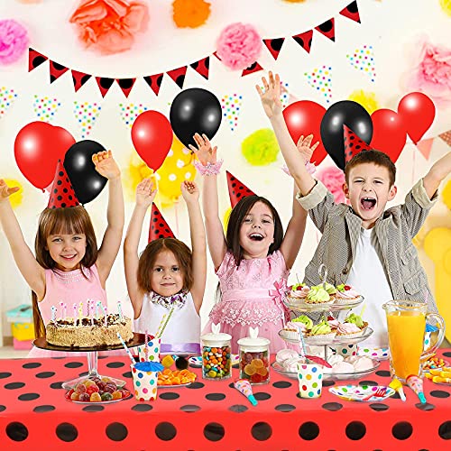 Ladybug Party Tablecloths - 2 Pack Red & Black Polka Dots, 87 x 51 Inches