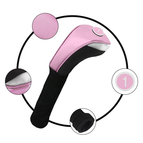 Andux 5pcs/Set PU Golf Wood Club Head Covers 460cc Driver Covers with Long Neck Pink