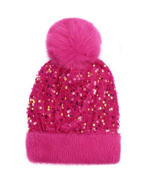Caviotess Sparkly Sequins Beanies for Women Girls Warm Velvet Winter Hat Knit Skull Cap with Faux Fur Pom Pom