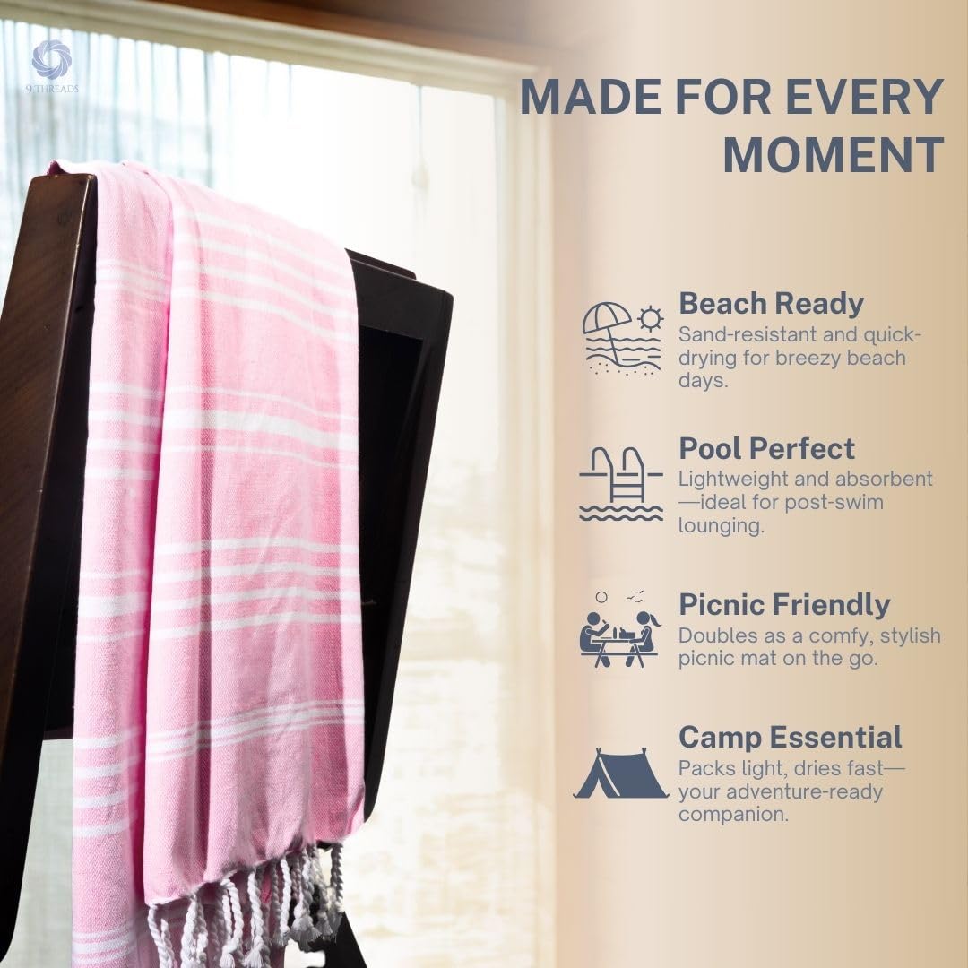 9Threads Cotton Turkish Beach Towel with Towels Oversized 36"x72" Pool Absorbent Extra Large Quick Dry Sand Travel Towel (Peony Plush, 2 Pack)