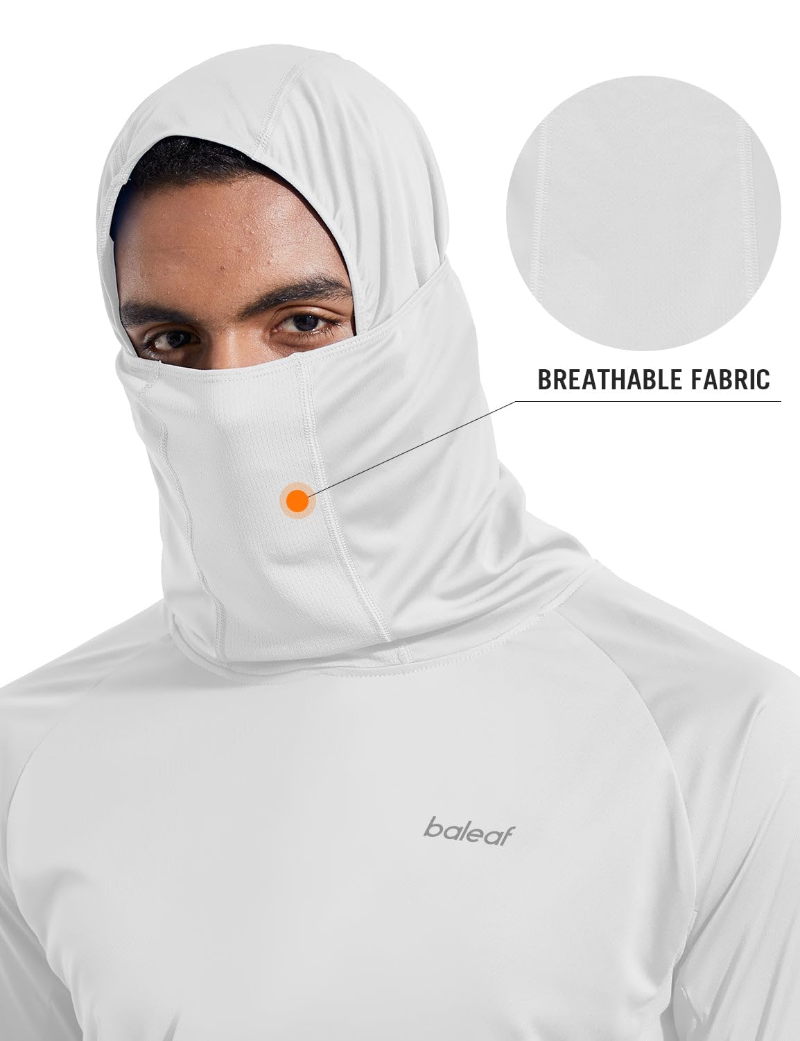 baleaf Men's Sun Protection Hoodie Shirt UPF 50+ Long Sleeve UV SPF T-Shirts with Mask Rash Guard Fishing Lightweight White Size L