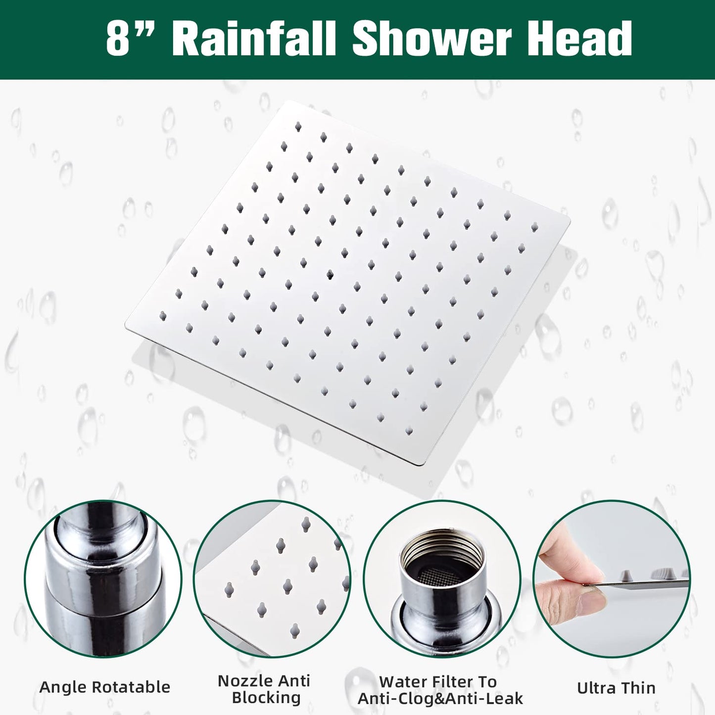 LCEVCGK Shower Head - Shower Faucet Set Square Shower Combo System with 8'' Rainfall Shower Head Wall Mount Handheld Shower, Stainless Steel with Chrome Finish Bath Shower Head,Chrome