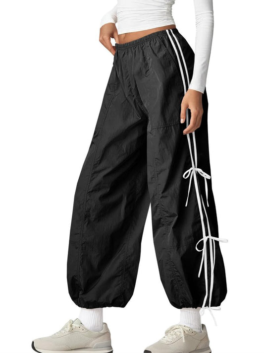 Fisoew Womens Wide Leg Track Pants Casual Elastic Waist Bow Tie Y2K Baggy Sweatpants with Pockets Black