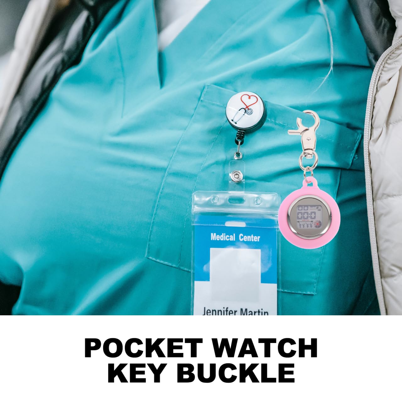 Didiseaon Electronic Nurse Table Digital Pocket Watch with Stopwatch Timer Night Light Calendar Alarm Clip Chest Watch Alloy Pink 3.74 Inch for Home Use