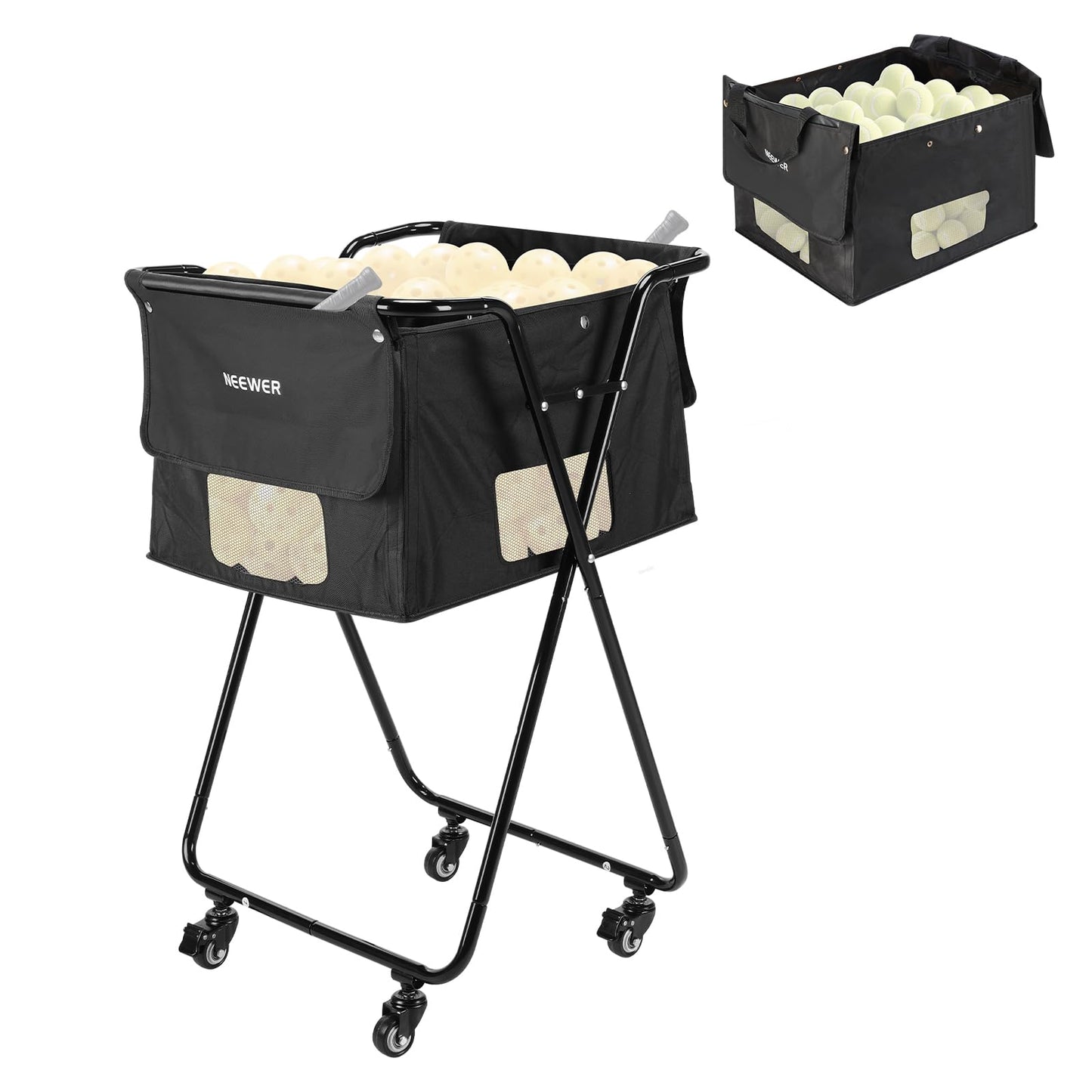 NEEWER Tennis Ball Hopper Pickleball Caddy with Wheels, Rolling Collector Basket Cart Holder for 140 Pickleballs 175 Tennis Balls Pickup Tennis Court Equipment Accessory for Training Teaching, PB01X