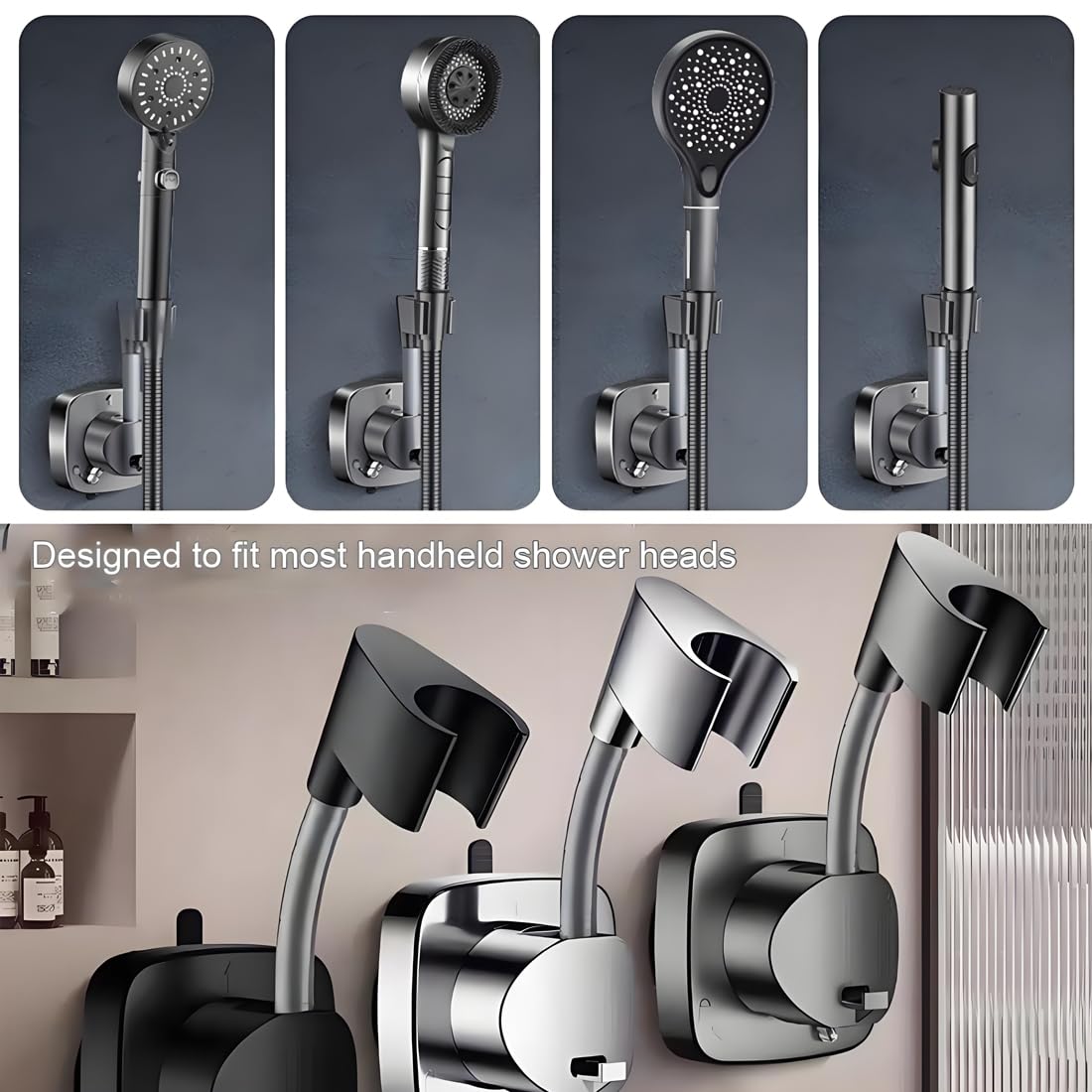 Suction Cup Shower Head Holder - Angle Adjustable Spring Arm, Flexible Wall Mount Shower Hose Holder, Removable Hand Held Shower Bracket with Vacuum Lock & Bonus Hook for Bathroom, Kitchen