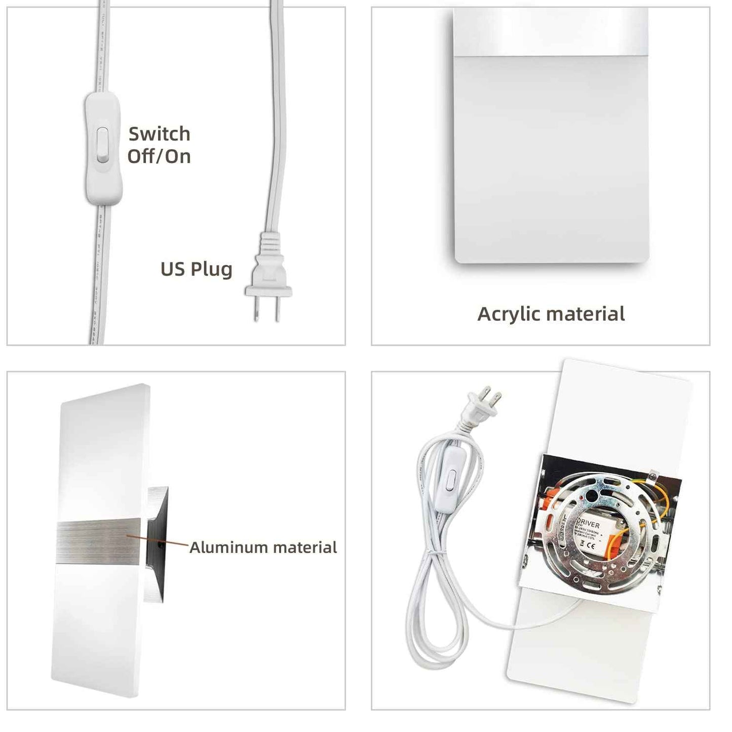 KICAAO Wall Sconces, Modern Wall Sconce Plug in 10W 6000K Cool White Acrylic Wall Lights with 6FT/180cm Plug in Cord and On/Off Switch on The Cord (1 Pack)