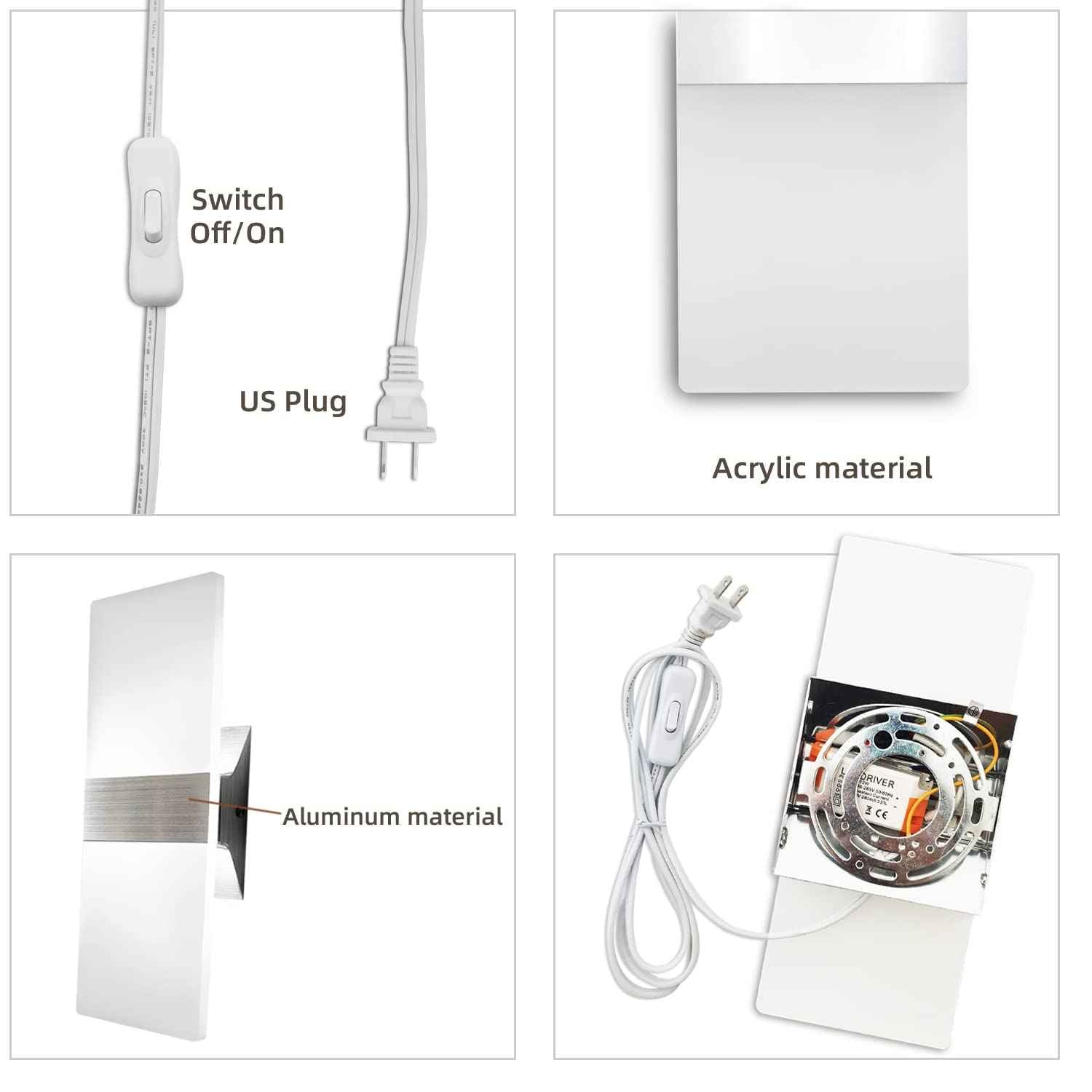 KICAAO Wall Sconces, Modern Wall Sconce Plug in 10W 6000K Cool White Acrylic Wall Lights with 6FT/180cm Plug in Cord and On/Off Switch on The Cord (1 Pack)