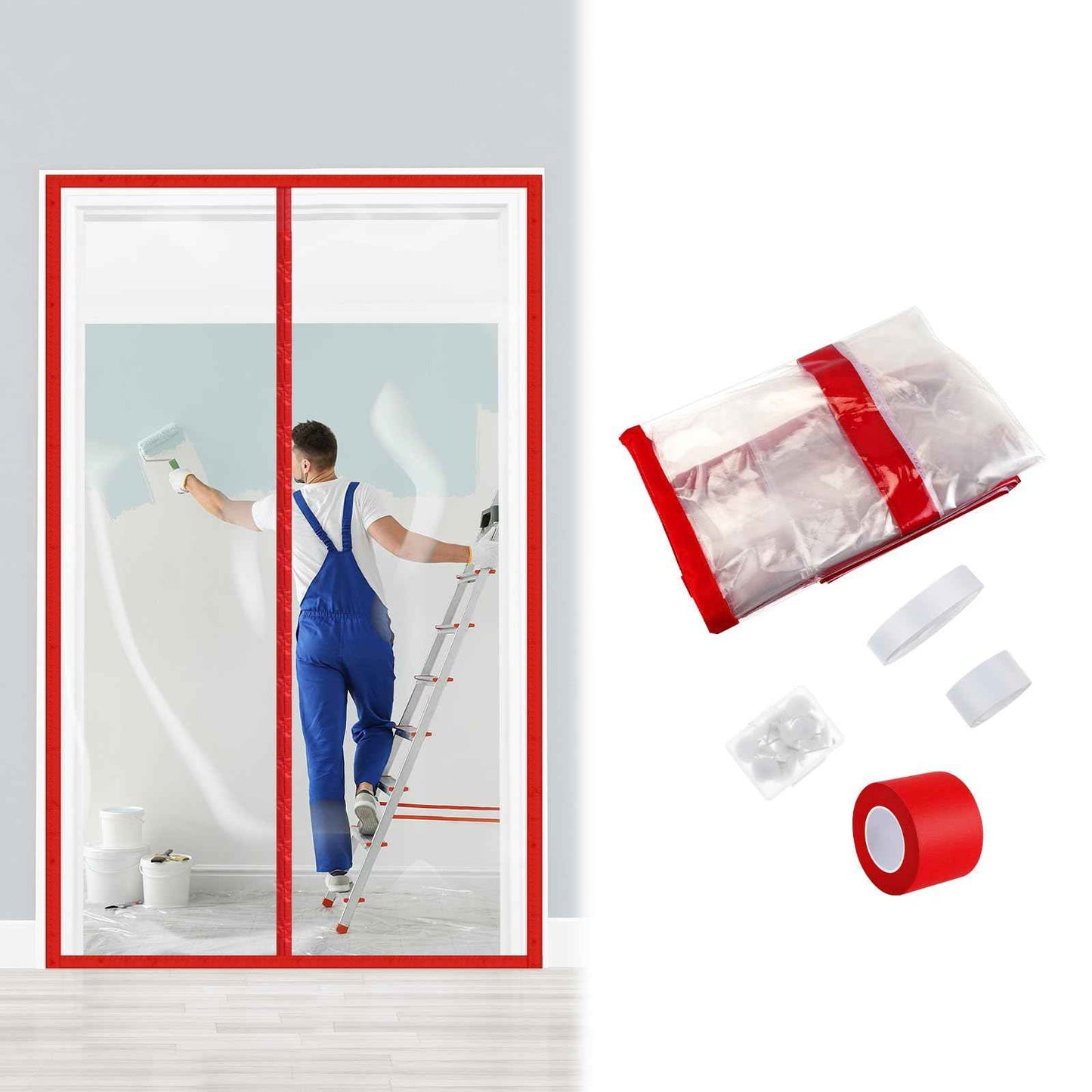 Preboun 1 Set Magnetic Dust Barrier Zipper Door Kit 4' x 7.5' Construction Barriers Dust Door Plastic Doorway for Construction Self Closing Curtain for Doorways Room (Red)