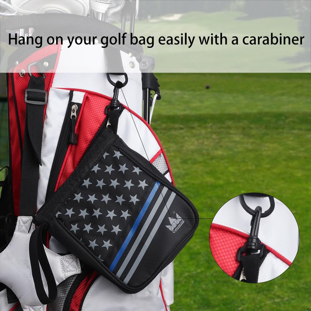 Craftsman Golf Star Stripes Black Waterproof Golf Balls Accessory Bag w/Hook and Wristlet Zipper Closure