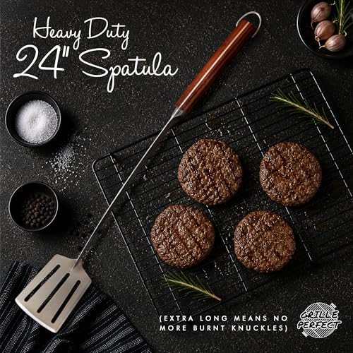 Grille Perfect 24-inch Long Handle BBQ Spatula - Heavy Duty Stainless Steel, Curved Hardwood Handle for Grilling & Outdoor Kitchen, Grilling Spatula