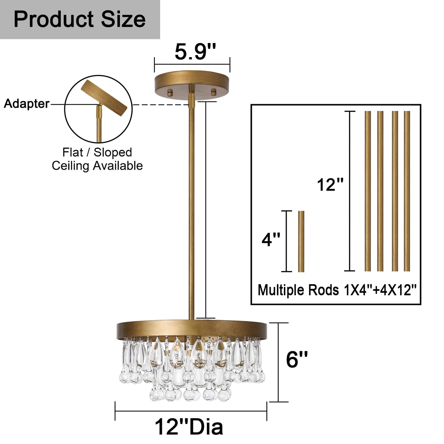 SEOL-Light Antique Gold Crystal Round Tiered Flush Chandeliers Small Pendant Light Fixture for Kitchen,Closet,Entryway,1 Light,40W,E12,12 Dia*6" H;