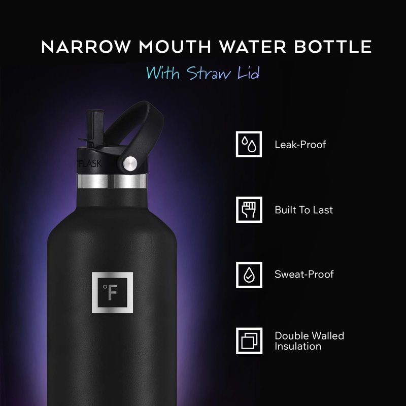 IRON °FLASK Camping & Hiking Hydration Flask with Straw, Narrow Mouth Insulated Stainless Steel Sports Water Bottle - Dream Sunset 32 oz - Straw (1 Lid)