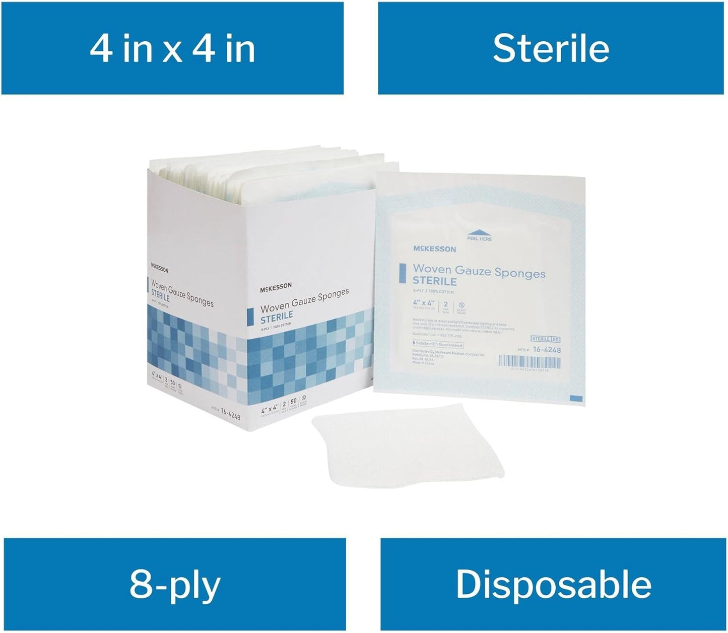 McKesson Woven Gauze Sponges - Sterile 8-Ply 100% Cotton, 4" x 4", 50 Packs of 2 Sponges Each