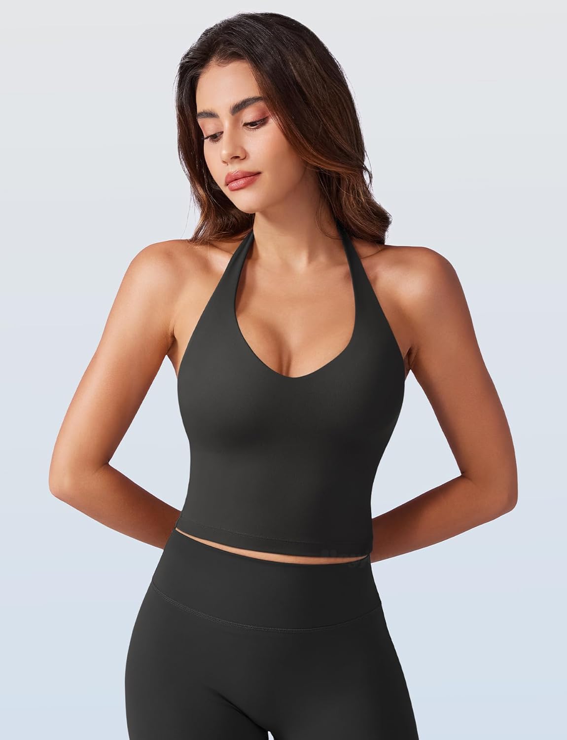 VOYJOY Halter Crop Top - Padded V Neck Backless Sleeveless Workout Tank for Yoga & Gym