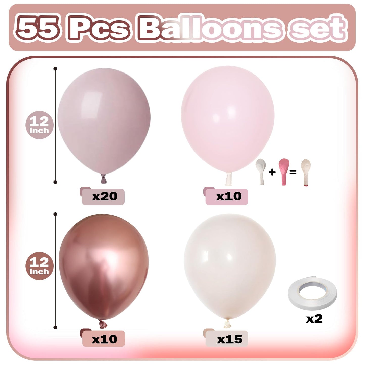 Dusty Pink Beige Balloon, 55 Packs 12 Inch Double Stuffed Retro Baby Pink and Metallic Rose Gold Balloons for Bridal Baby Shower Women Girls Boho Birthday Wedding Mother's Day Party Decorations