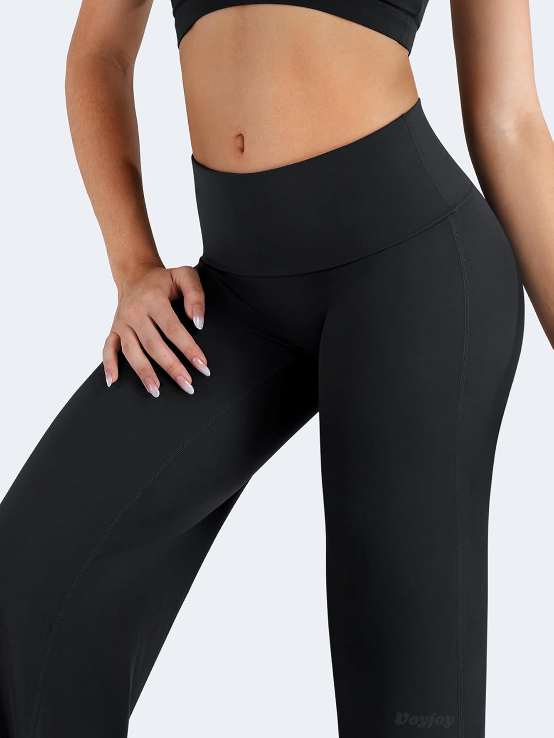 VOYJOY Women's Fold Over Straight Leggings - No Front Seam, Mid-Low Waist, 31.5" Stretch Yoga Pants