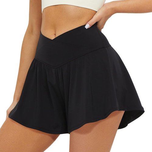 FireSwan Crossover Athletic Shorts - 2 in 1 Flowy Running Shorts with Pockets | Women's Spandex Tennis Skorts