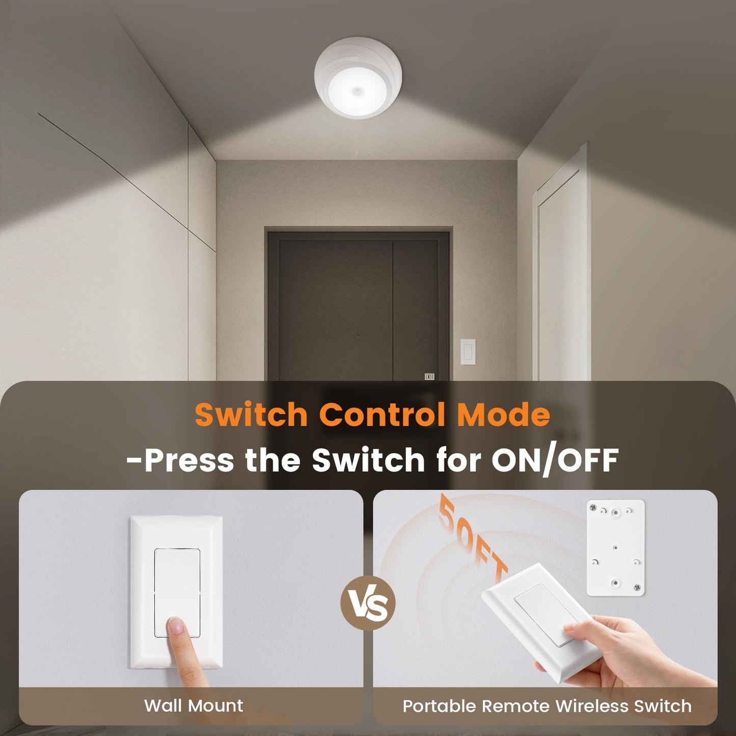 SURAIELEC Battery Ceiling Light with Wall Switch, Motion Sensor Light Indoor, Wireless Wall Switch Remote, 6500K, 300LM, Battery Powered Ceiling Light for Closet, Pantry, Laundry, and Shed, 1-Pack