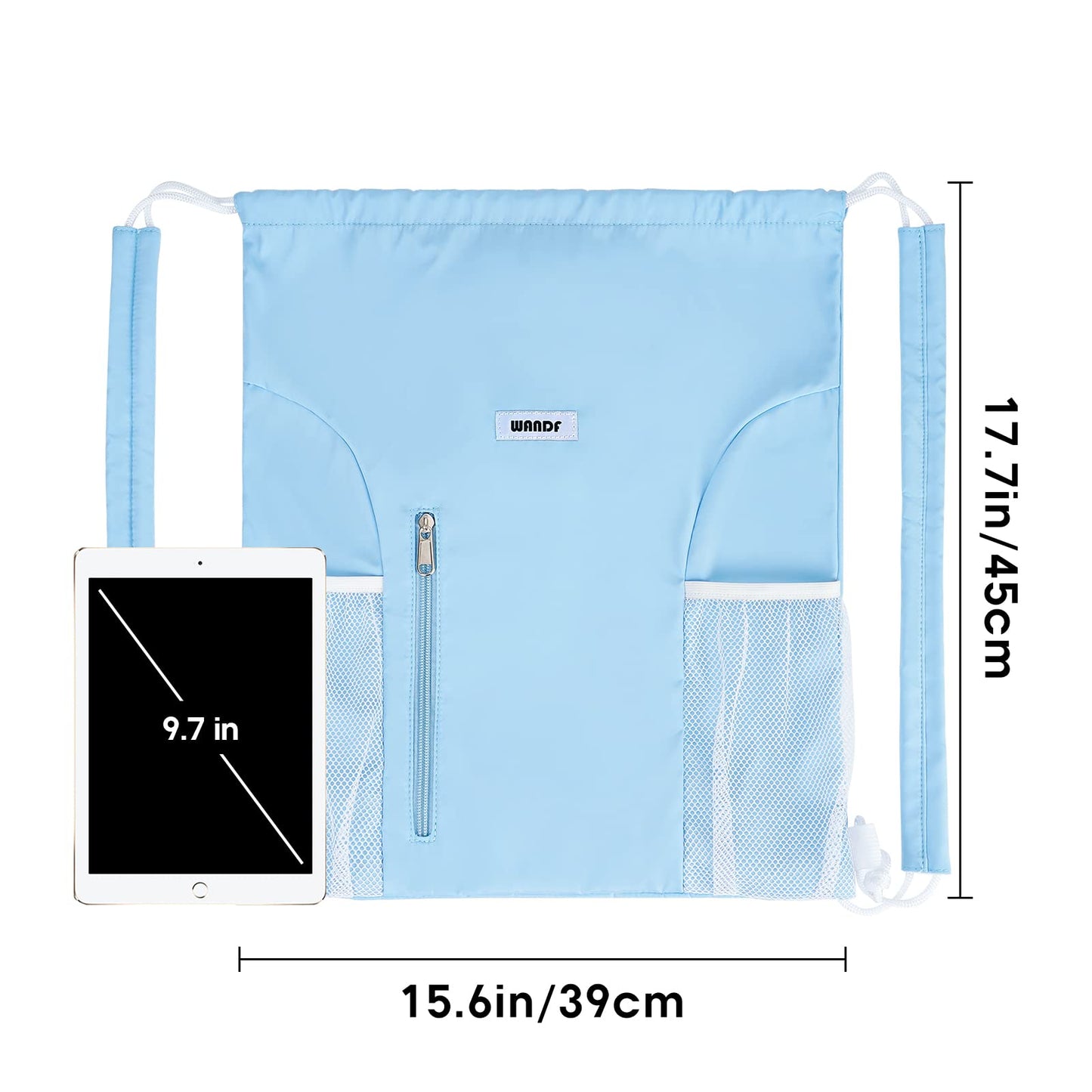 WANDF Drawstring Backpack with Shoulder Pad Sports Gym Backpack with Mesh Pocket String Bag for Women Men(Blue)