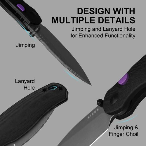 Kizer Phoca BD Pocket Knife, 2.95" Drop Point D2 Blade Folding Knives with Black G10 Handle, Thumb Stud EDC Knife for Men Women V3781BDM1
