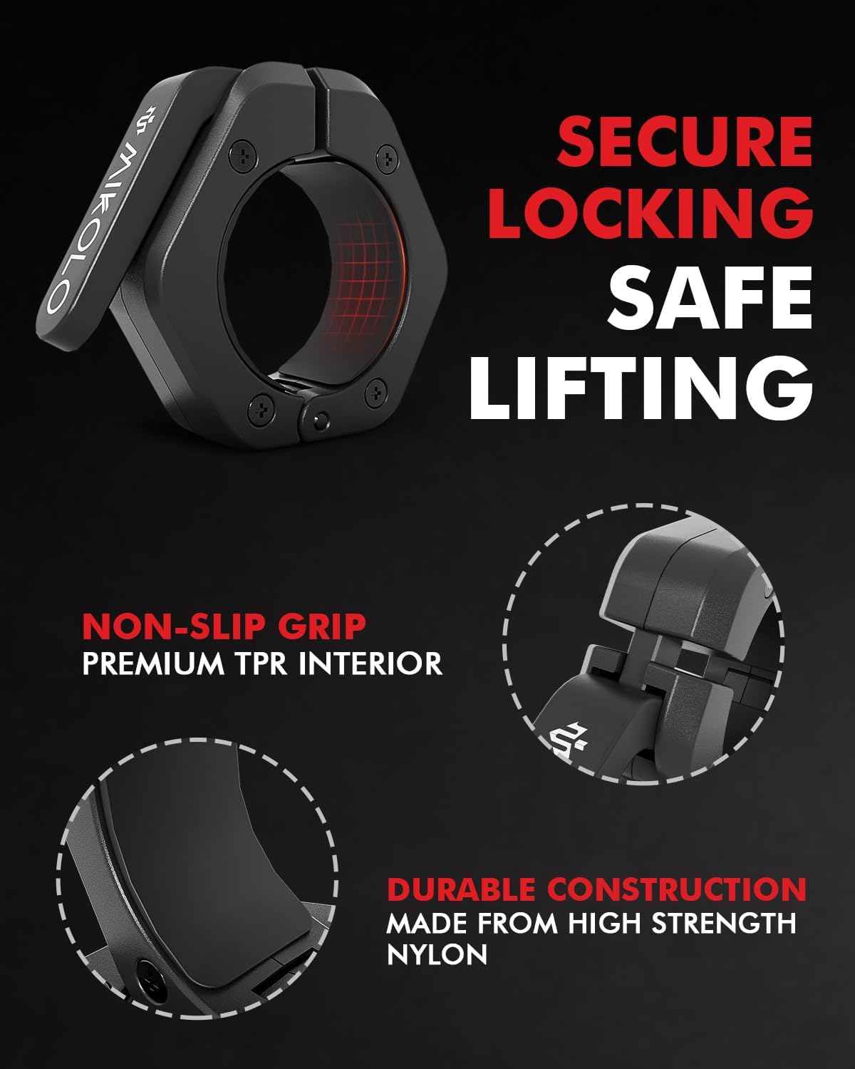 Mikolo Barbell Clips - 2-Inch Olympic Barbell Clamps with Anti-Slip TPR Lining for Home & Gym Use