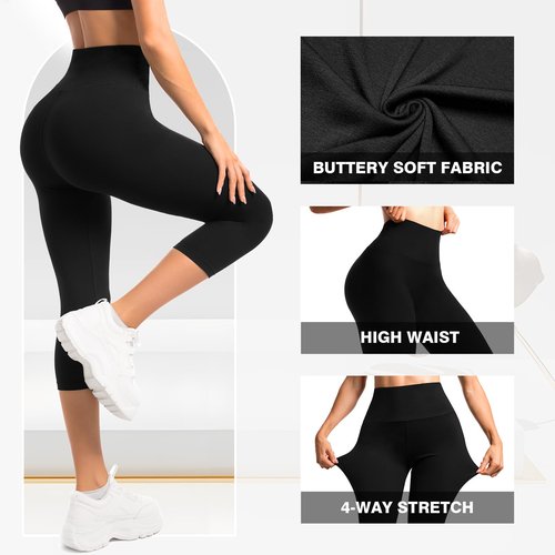Leafigure 2-Pack Capri Leggings for Women, High Waisted Soft Yoga Pants for Gym Workout Black/Brown L-XL