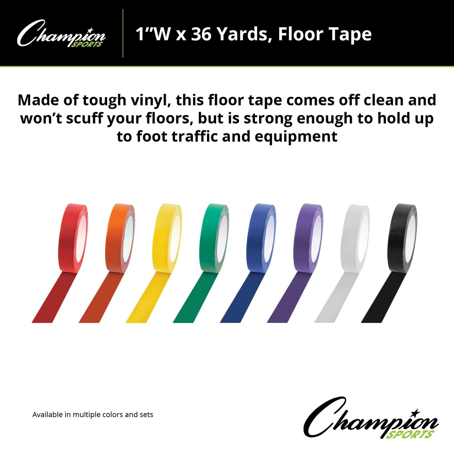 Champion Sports Vinyl Tape, 1” Wide x 36 Yards Long, Green - Durable Floor Marking Tape - Schools, Gyms, Restaurants