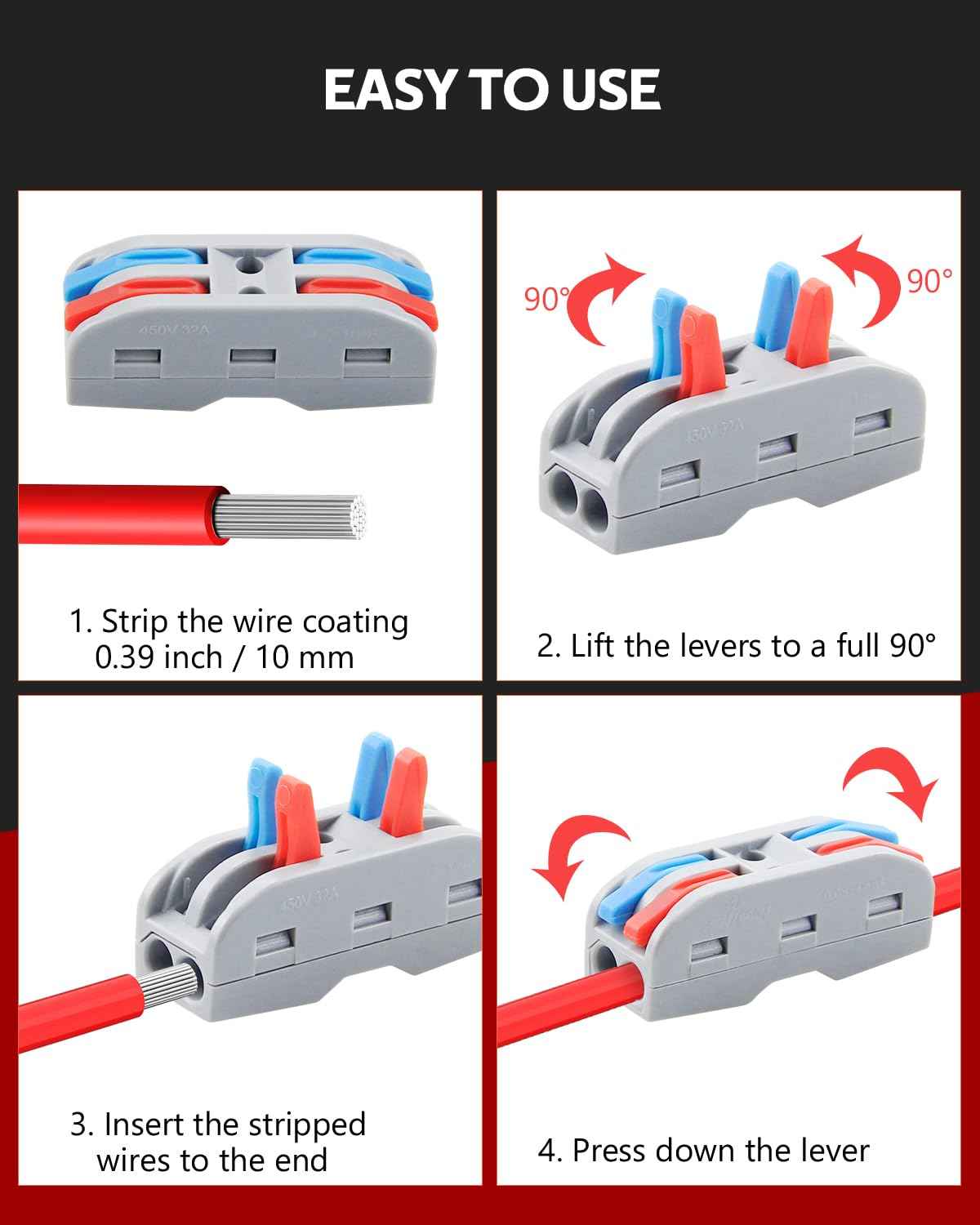 ALITOVE 50pcs Electrical Connectors Push in Lever Nuts Quick Connect 2 Wire Splice Kit Compact Inline Terminals for Wire Splicing Project, 28-12 AWG, 2 in 2 Out