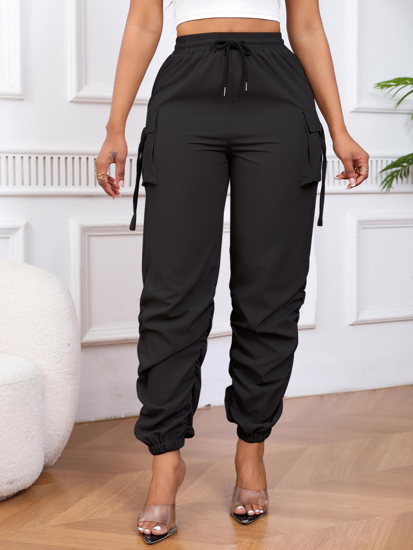 Gudasuo Cargo Pants Women Joggers Quick Dry Hiking Pants with Pockets Black