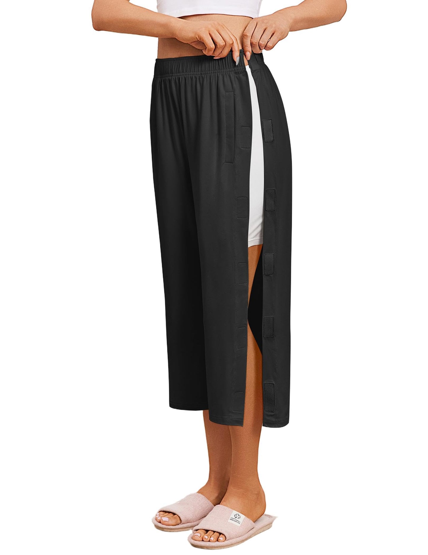 Deyeek Womens Tear Away Pants Capri Post Knee Ankle Replacement Surgery Pants Breakaway Sweatpants Side Snap with Pockets Black