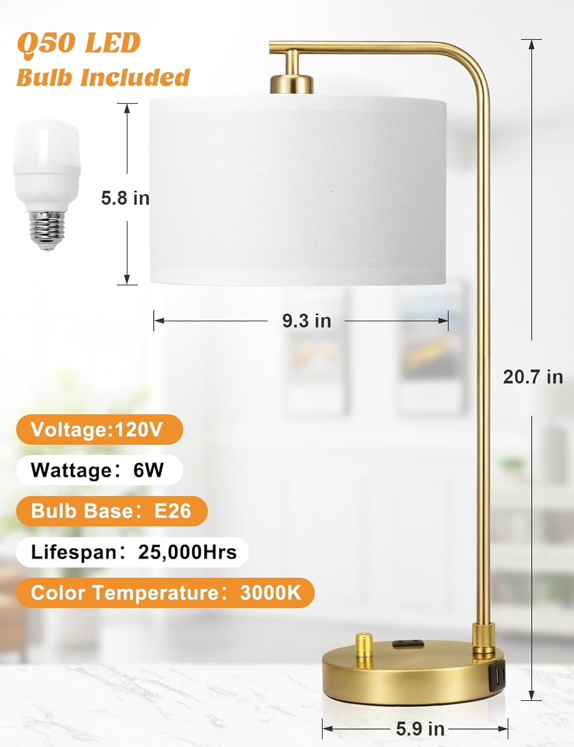 Dimmable Tall Table Lamp with USB Port & Outlet - Linen Shade Bedside Desk Lamp for Bedroom, Living Room, Home Office