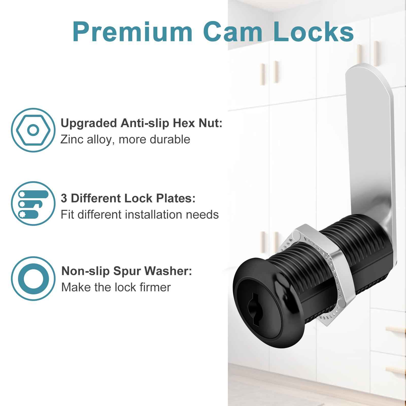 Pertinel 1-1/2 Inch Cabinet Cam Lock Set - 5Pcs Keyed Alike Black Locks for Secure Files, Drawers, RV Storage - Replacement Set With Black Finish