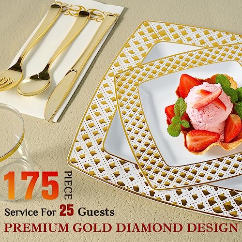 FOCUSLINE Gold Diamond Rim Square Disposable Dinnerware Set for 25 Guests, 175 Pieces