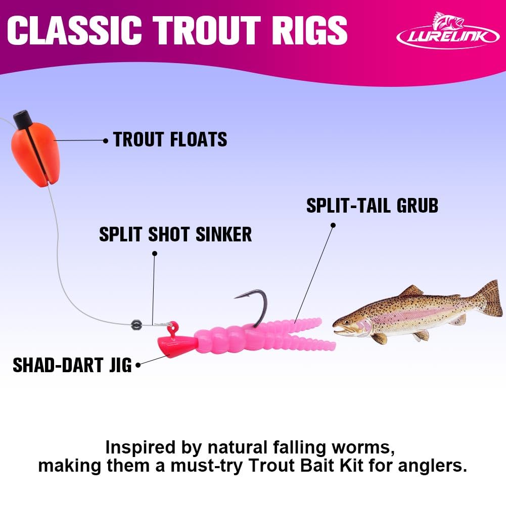 LURELINK 165-Piece Trout Lure Kit for Creek & River Fishing Gear with Split Tail Grub Worms, Shad Dart Jig Heads, Floats & Sinkers - Ideal for Seasonal Trout Crappie & Panfish