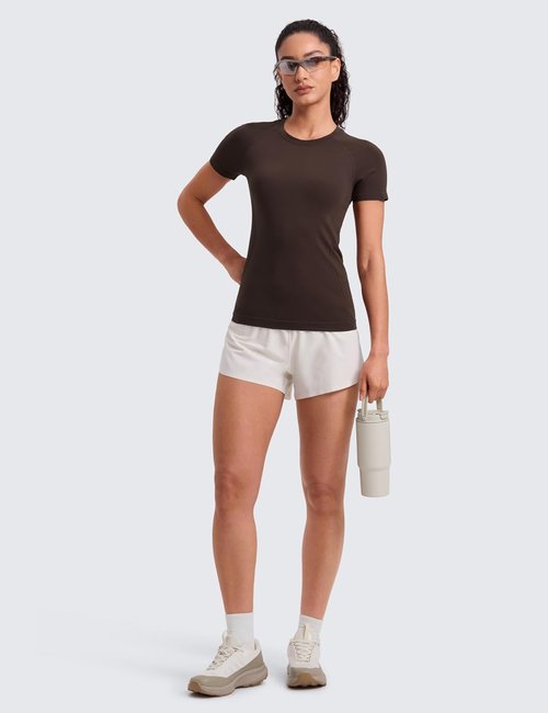 CRZ YOGA Seamless Workout Tops for Women - Breathable Short Sleeve Athletic Tees | Hip Length Gym Shirts