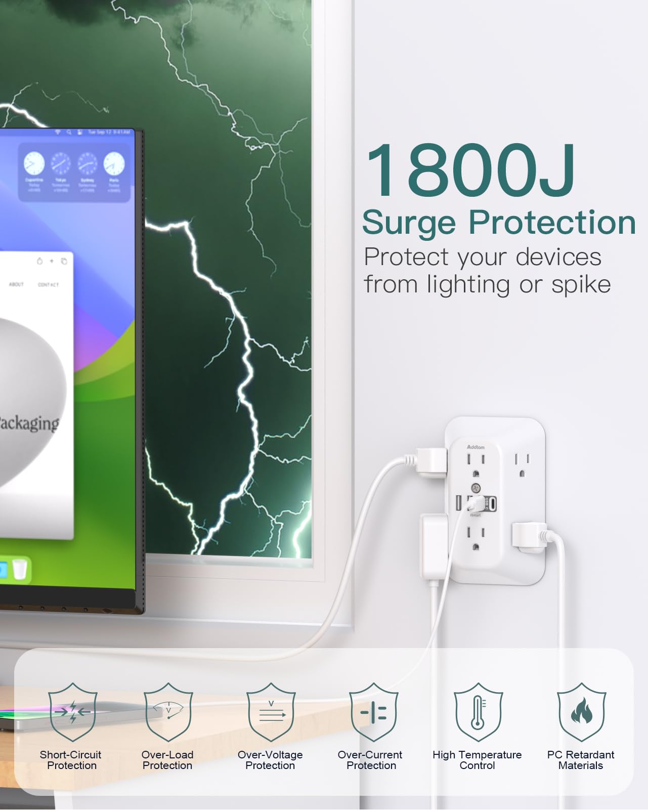 Addtam Surge Protector Outlet Extender, 6-Outlet Splitter with 4 USB Wall Charger(PD 20W), Multi Plug Wall Outlet 1800J Power Strip for Home Office Dorm Room Essentials