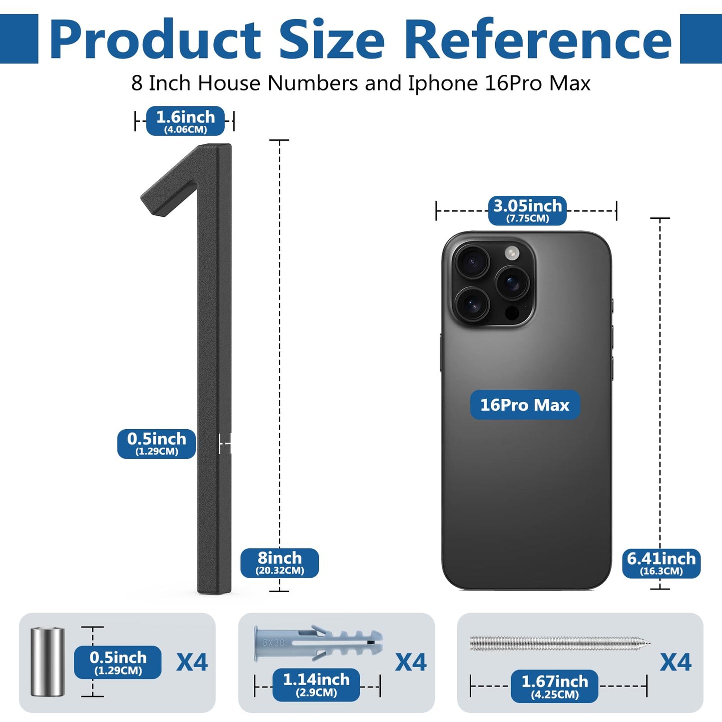 QPMWDBSZ 8 Inch Floating House Numbers, Modern Metal Address Numbers for Outside, Zinc Alloy Black Anti-Rust Mailbox Number with Nail Kit for Garden Front Door Apartment Signage, Easy to Install (1)