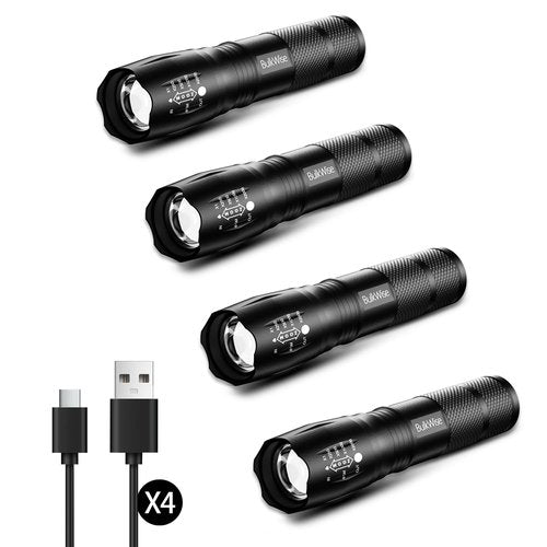 BulkWise 4 Pack Rechargeable Flashlights High Lumens, Bright 1 Mode Small Flashlight Powerful Tactical Flashlights Rechargeable, LED Flash Light Zoomable for Camping Hiking Emergency Gift