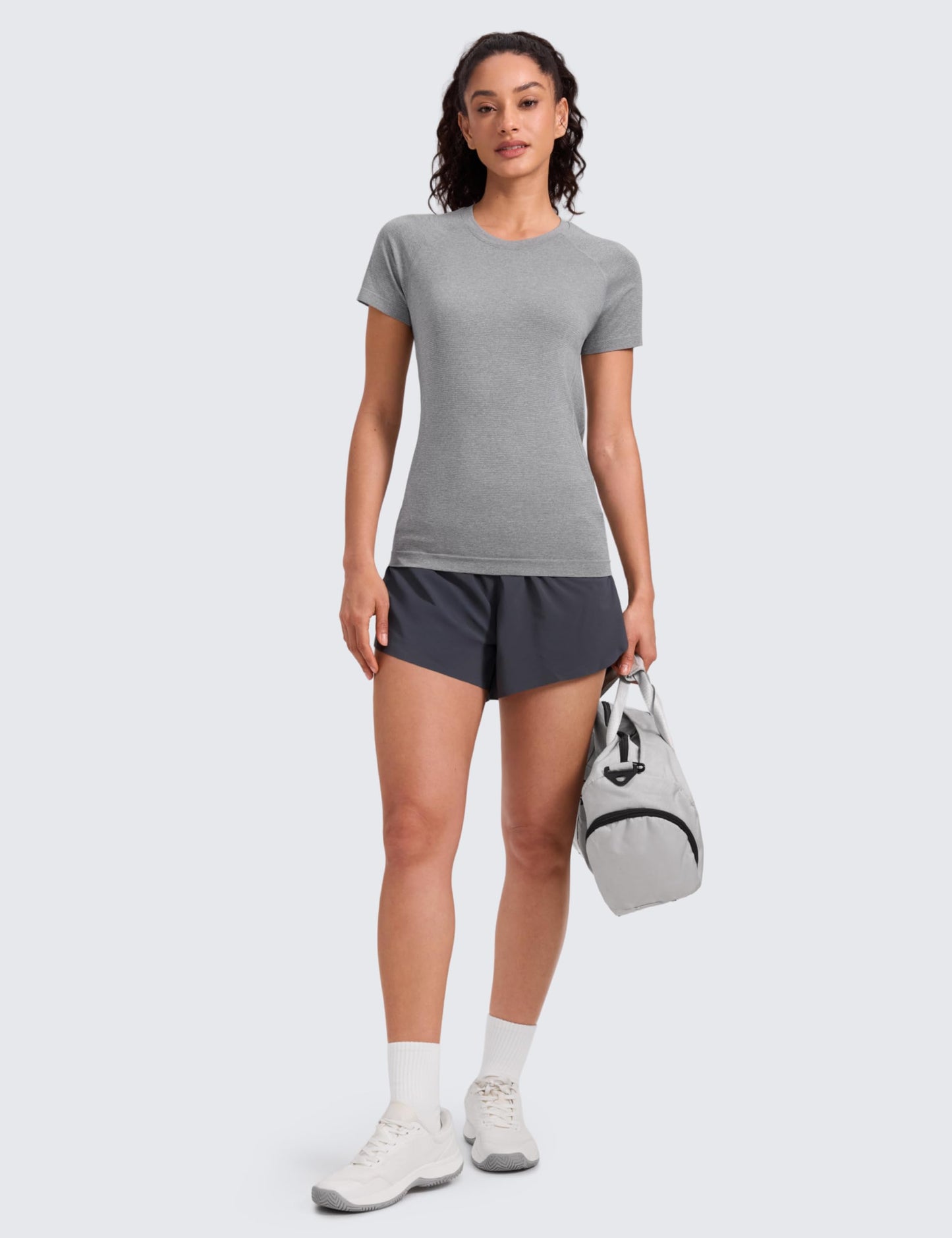 CRZ YOGA Seamless Workout Tops for Women Hip Length - Athletic Running Gym Yoga Short Sleeve Shirts Breathable Crewneck Tees Slate Grey Marl Medium